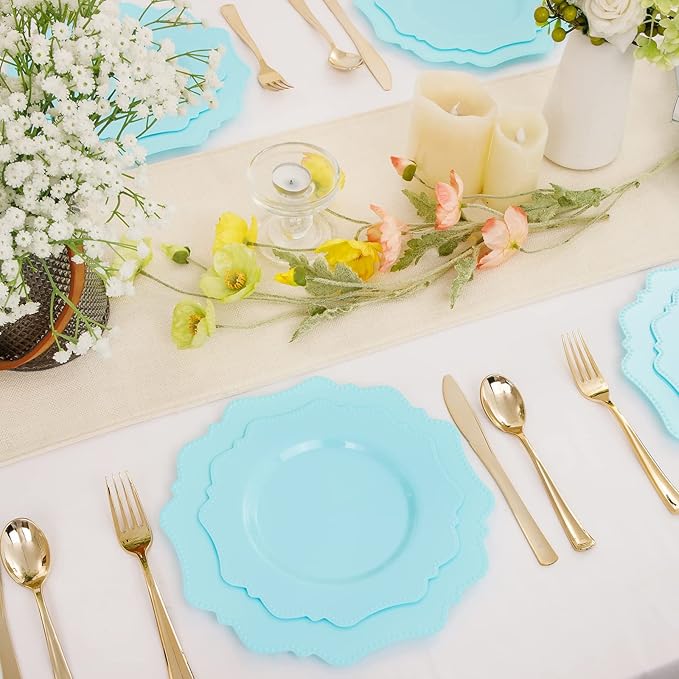 COLOSUS Disposable Plastic Plates 60Pcs, Light Baby blue Party Plates, Heavy Duty 30 Dinner plate 10.5??and 30 Salad/Dessert Plate 8.25??for Easter day Party Dinner