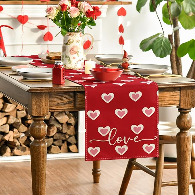 Artoid Mode Red Love Hearts Table Runner, Wedding Kitchen Dining Table Decoration for Home Party Decor 13x60 Inch