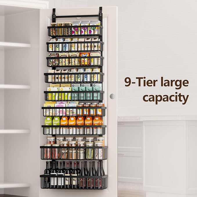9 Tier Over The Door Pantry Organizer, 2 in 1 Wall Mount or Hanging Spice Rack with Adjustable Basket, Seasoning Organizer and Storage for Kitchen Cabinet Closet Bathroom