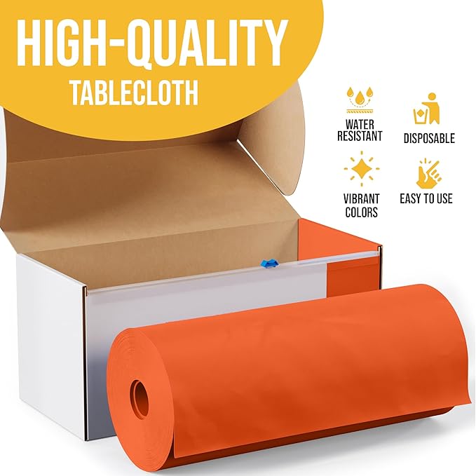 Party Solids 54 Inch X 300 Feet Orange Plastic Table Cover Roll in A Cut - to - Size Box with Convenient Slide Cutter. Cuts Up to 36 Rectangle 8 Feet Plastic Disposable Tablecloths