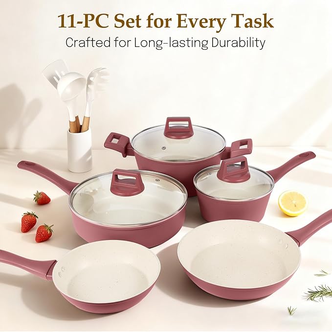 Pots and Pans Set Non Stick, 11 Pcs Kitchen Induction Cookware Set, Non Toxic Granite Nonstick Cooking Set with Frying Pan Set, Saucepans, Utensils, Reddish Brown