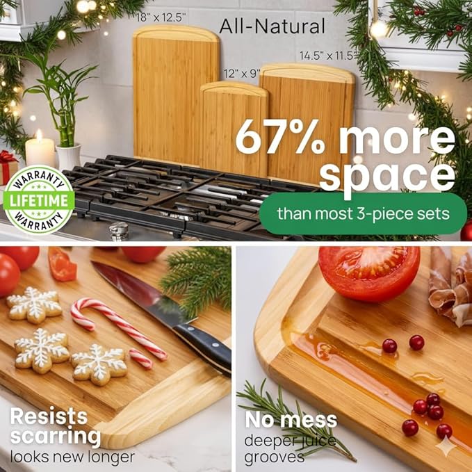 Organic Bamboo Cutting Boards for Kitchen Set of 3 with Lifetime Replacements ??Premium Extra Large Wood Chopping Boards with Juice Grooves for Carving & Serving, Non-Toxic & Durable by Greener Chef
