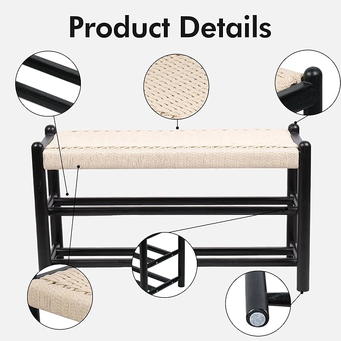 XINNAN Solid Wood Entryway Bench with Shoe Storage, Rustic Oak Wood and Woven Design 31.5 Inch Long Seating for Living and Dining Rooms, 3-Tier Black
