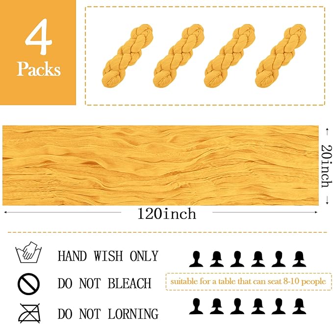 4 Pack Gold Cheesecloth Table Runner 20 x 120 inch Gauze Table Runners 10 FT Long,Semi Sheer Cheese Cloth Fabric Table Runner Bulk for Wedding,Party,Baby Shower,Bridal Shower Decoration