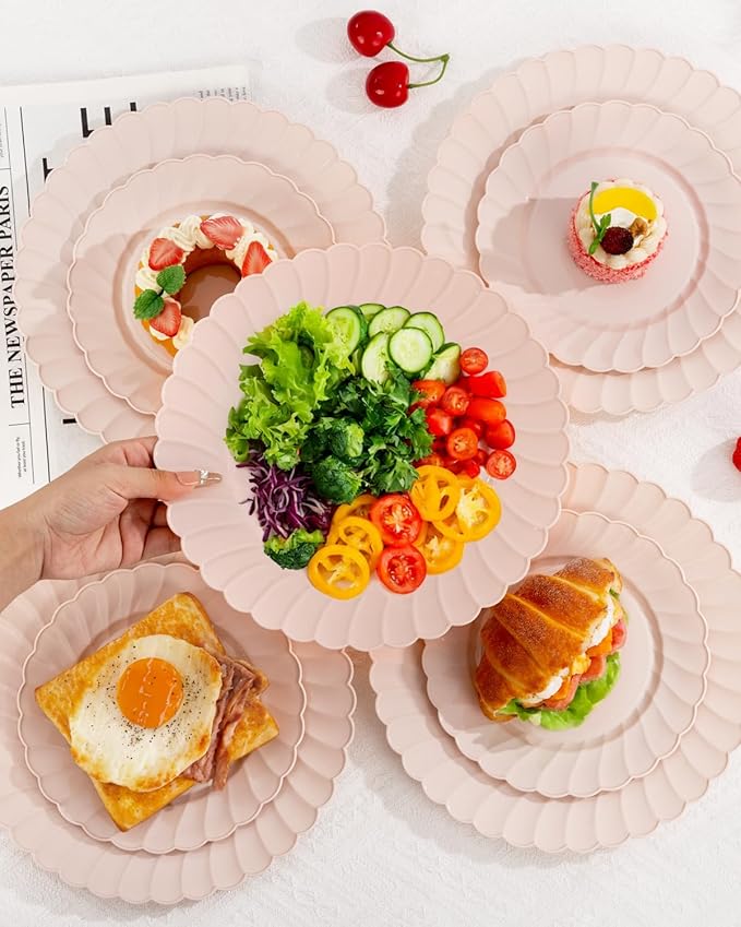 YOUBET 100PCS Pink Scalloped Plastic Plates - Heavy Duty Pink Disposable Fancy Hard Plates Include 50 Dinner Plate, 50 Dessert Plate, for Wedding & Party Valentines Day