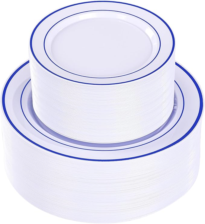 U-QE 100pcs Blue Plastic Plates for Party - Blue Plates Disposable Heavy Duty - Premium Plates Include 50 10" Dinner and 50 7" Dessert Plate, Perfect for Party, Wedding & Birthday