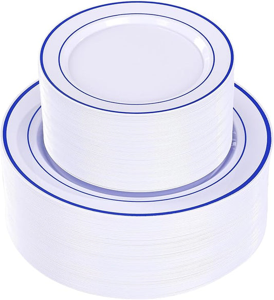 U-QE 100pcs Blue Plastic Plates for Party - Blue Plates Disposable Heavy Duty - Premium Plates Include 50 10" Dinner and 50 7" Dessert Plate, Perfect for Party, Wedding & Birthday