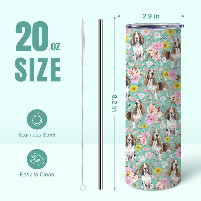 Yogusut Basset Hound Gifts for Women, 20oz Stainless Steel Insulated Tumbler Travel Mug Cup with Lid Straw Brush, Gifts for Dog Mom Dog Lover