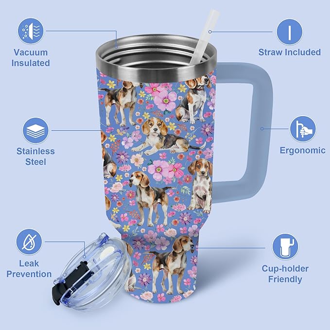 Yogusut Beagle Gifts for Women, 40oz Stainless Steel Insulated Tumbler Travel Mug Cup with Handle Straw, Gifts for Dog Mom Dog Lover