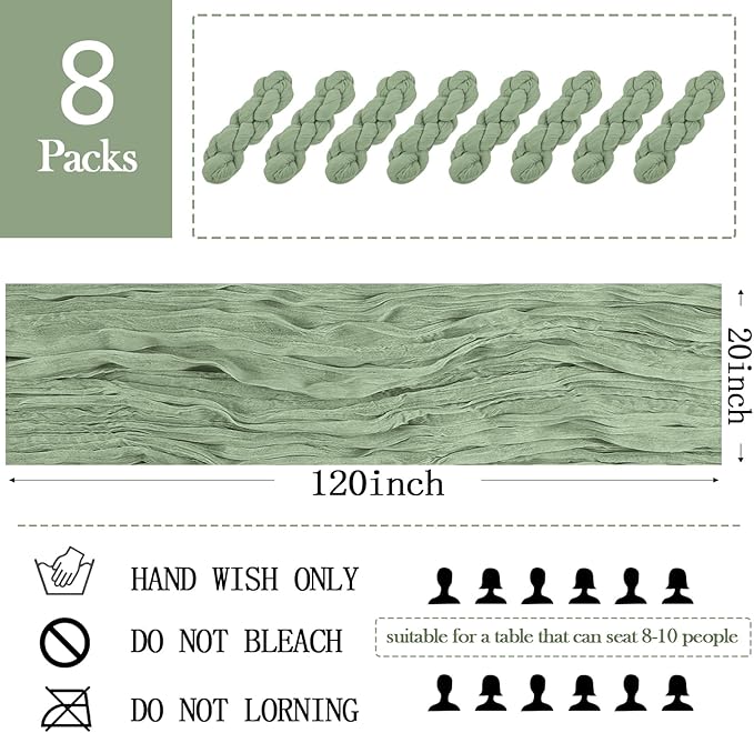 8 Pack Sage Green Cheesecloth Table Runner 20 x 120 inch Gauze Table Runners 10 FT Long,Semi Sheer Boho Cheese Cloth Fabric Table Runner Bulk for Wedding,Party,Baby Shower,Bridal Shower Decoration