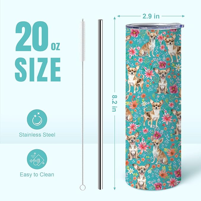 Yogusut Chihuahua Gifts for Women, 20oz Stainless Steel Insulated Tumbler Travel Mug Cup with Lid Straw Brush, Gifts for Dog Mom Dog Lover