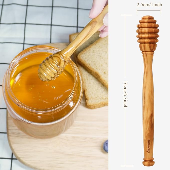 Olive Wood Honey Dipper/Stick Durable & Warp-Resistant, Preserves Honey Purity, 2pcs, 6.3 Inch