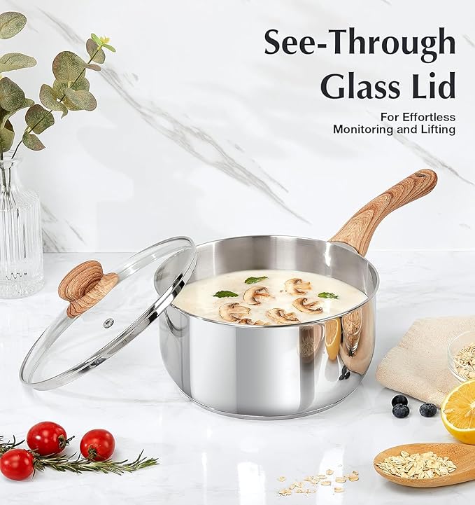 KOCH SYSTEME CS 2 Quart Sauce Pan with Lid, Stainless Steel Saucepan with Heat-resistant Bakelite Handle, Saucepan with Lid, Pot 2QT, Stainless Steel Sauce Pan, Induction Compatible