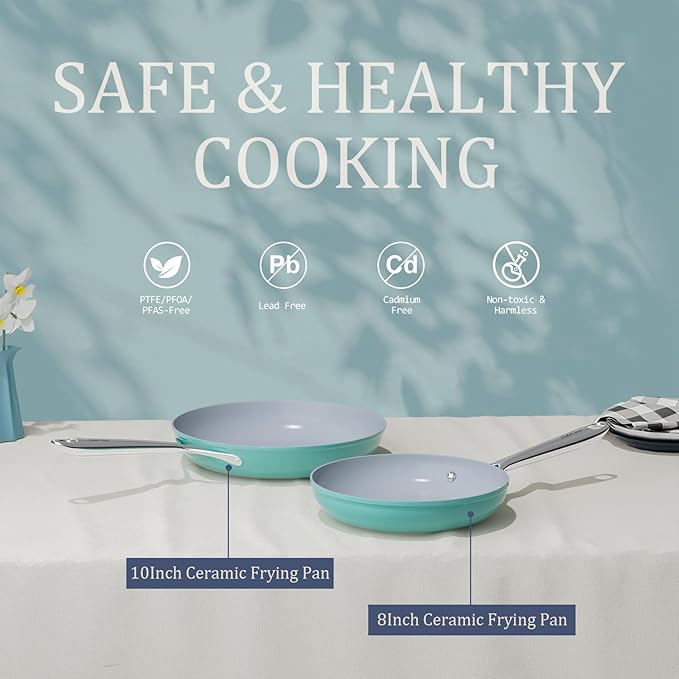 Nonstick Ceramic Frying Pan 10" for All Cooktops, PTFE/PFOA/PFAS Free, Even Heat Distribution Oven Safe up to 500째F, Healthy Non Toxic Skillet w/ Ergonomic Stainless Steel Handle, Caribbean Blue