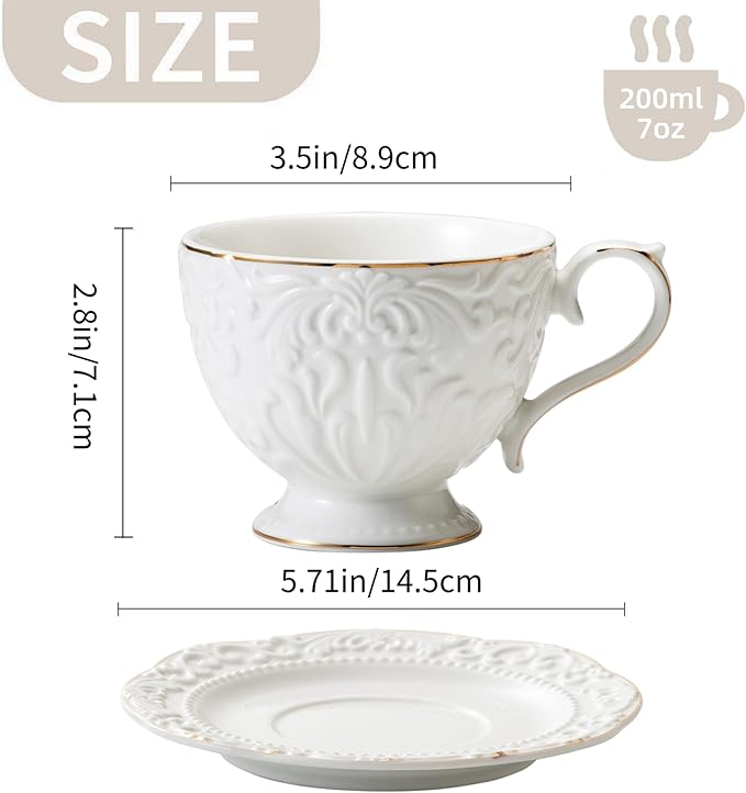 Cups and Saucers Tea Cups Set of 2, Ceramic Coffee Cups with Floral Embossed Design, 200ml (7 oz) Tea Cups and Saucers Porcelain Mugs for Birthday Party Cafe Home Mother's Day Gift