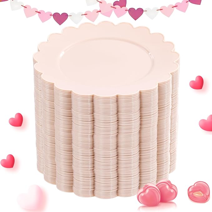 SUT 72-Count Pink Plastic Plates Disposable 7.5 Inch - Scalloped Edge Dessert Plates for Valentine?셲 Day, Parties, Birthdays, Weddings | Lightweight & Durable Disposable Dinnerware (72 Pack)