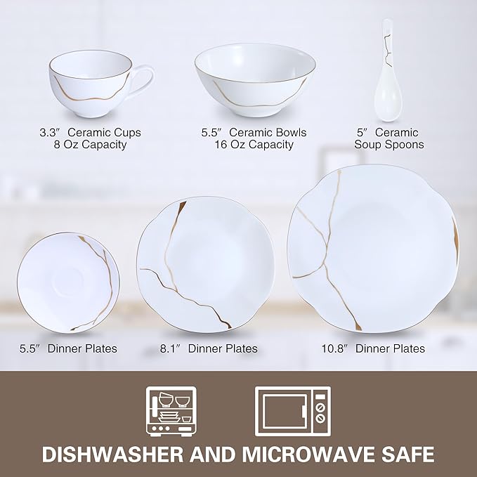 24 Piece White Porcelain Dinnerware set for 4,Plates and Bowls Sets With Gold Rim and gold accents,Highly Chip and Crack Resistant | Dishwasher Safe Dishes Set