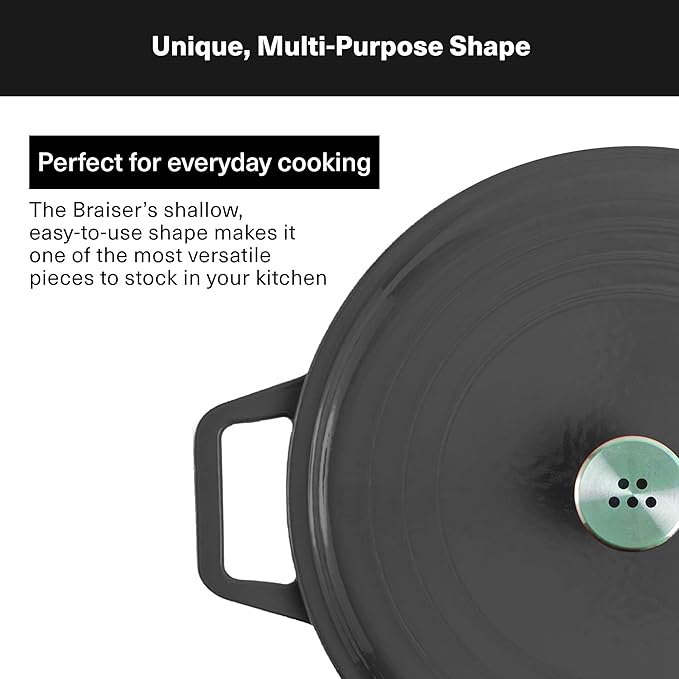 Misen 5.5 QT Braiser ??Enameled Cast Iron Pan for Searing, Braising & Slow Cooking ??No-Chip Enamel Coating ??Extra-Wide Handles ??Superior Heat Retention & Even Cooking - Black