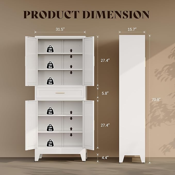 71?쏦 Metal Kitchen Pantry Cabinet with Drawers,White Kitchen Pantry Cabinets,Tall Food Storage Cabinets,Free Standing Pantry Cabinet with 4 Doors,Farmhouse Pantry Cabinets
