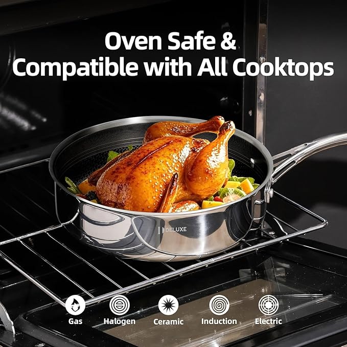 DELUXE Hybrid Ceramic Nonstick 5 Qt Deep Saut챕 Pan with Lid, Stainless Steel Skillet with Stay-Cool Handles, Dishwasher and Oven-Safe, PFOA Free Deep Frying Pan, Compatible with All Cooktops