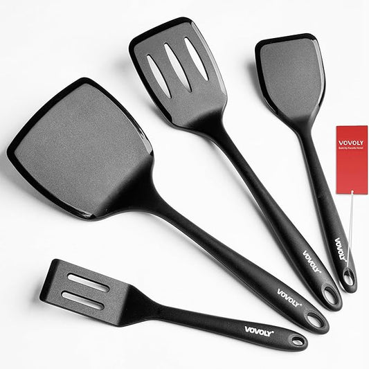 Silicone Spatula Set, 600째F Heat Resistant Silicone Spatula Turner Flipper for Cooking, Non Stick and Non Scratch Kitchen Utensils for Eggs & Pancakes, 4 Pack, Black