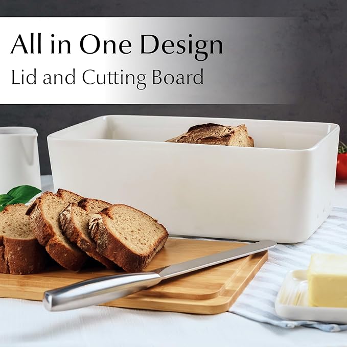 MIAMIO ??Bread Box for Kitchen Countertop/Ceramic Bread Box with Cutting Board, Bread Container with Bamboo Lid, 12.6 x 7.9 x 4.5 inches
