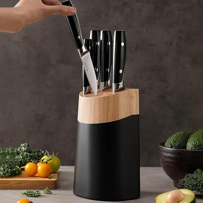 6-Piece Knife Block Sets，Stainless Steel Kitchen Knife Set with Block ??High Carbon Black Knives, Dishwasher Safe，Holiday Gift