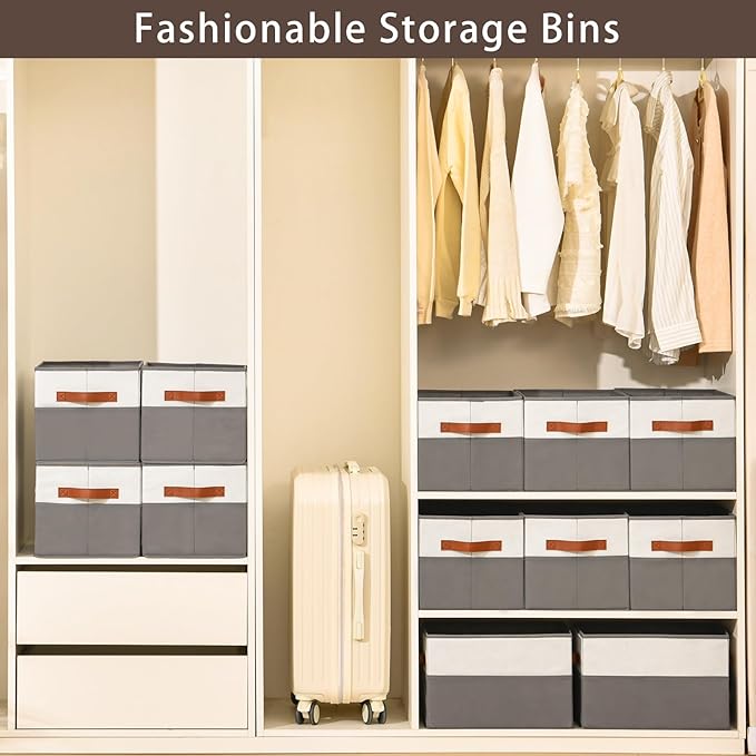Euct 8 Pack Large Storage Bins with Handle,Collapsible Storage Basket for Shelves,Fabric Closet Organizer for Organizing Clothes Blanket,Decorative Dorm Organizers and Storage