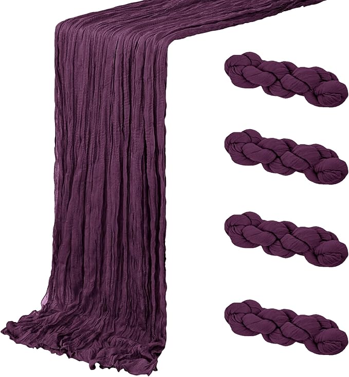 4 Pack Dark Purple Cheesecloth Table Runner 20 x 120 inch Gauze Table Runners 10 FT Long,Semi Sheer Boho Cheese Cloth Fabric Table Runner Bulk for Party,Wedding,Baby Shower,Bridal Shower Decoration