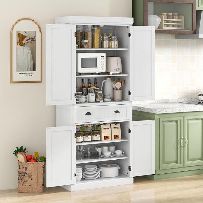 Tangkula 72" H Kitchen Pantry Cupboard Cabinet, Traditional Freestanding Large Tall Storage Cabinet with 2 Cabinets and Drawer, Adjustable Shelves, for Living Room Kitchen, 30 x 16 x 72 Inch