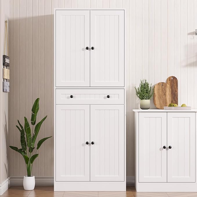 Kitchen Pantry Storage Cabinet, 71" H Farmhouse Pantry Cabinet with 4 Doors & Drawer, Freestanding Cupboard with Adjustable Shelves, Rustic Wood Cupboard for Kitchen, Dining Room, White