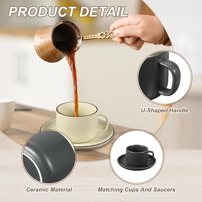 uxcell Handmade Vintage Espresso Cups, 8 oz Coffee Cups and Saucers Ceramic Tea Cup with Handle Dishwasher and Microwave Safe for Latte Cappuccino Milk Office Home Gifts, Pure Gray Blue
