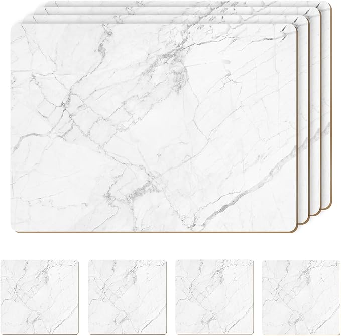 Moderry Set of 4 Heat Resistant Cork Placemats for Dining Table with Free Set of 4 Matching Drink Coasters Marble Design 16 x 12 Inches Cork Backed Hard Placemats (White Marble)