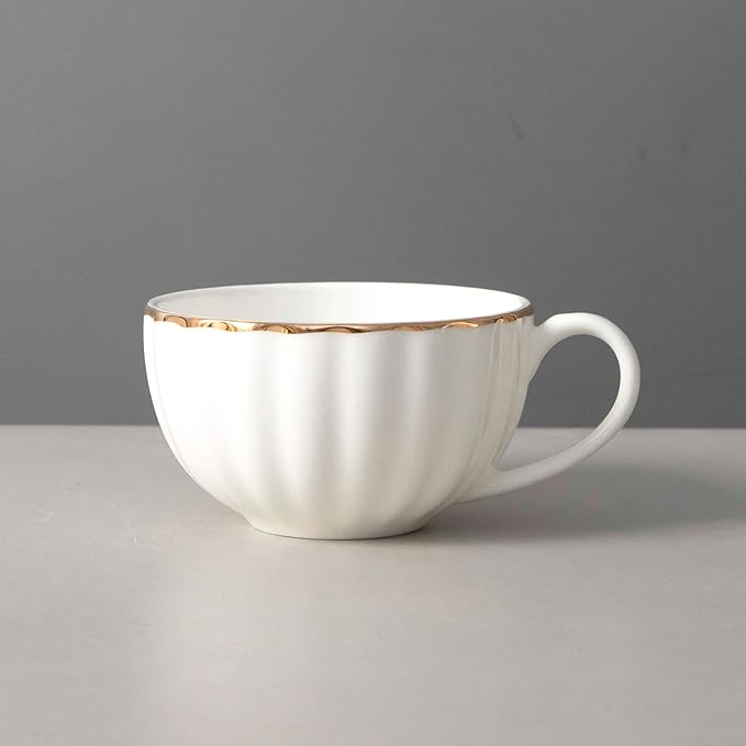 Bone China Tea Cups and Saucers Set (6 oz, Set of 4) ??White Luxury Fine Porcelain Mugs for Tea, Coffee, Latte Art, Barista Use, Elegant Gifting