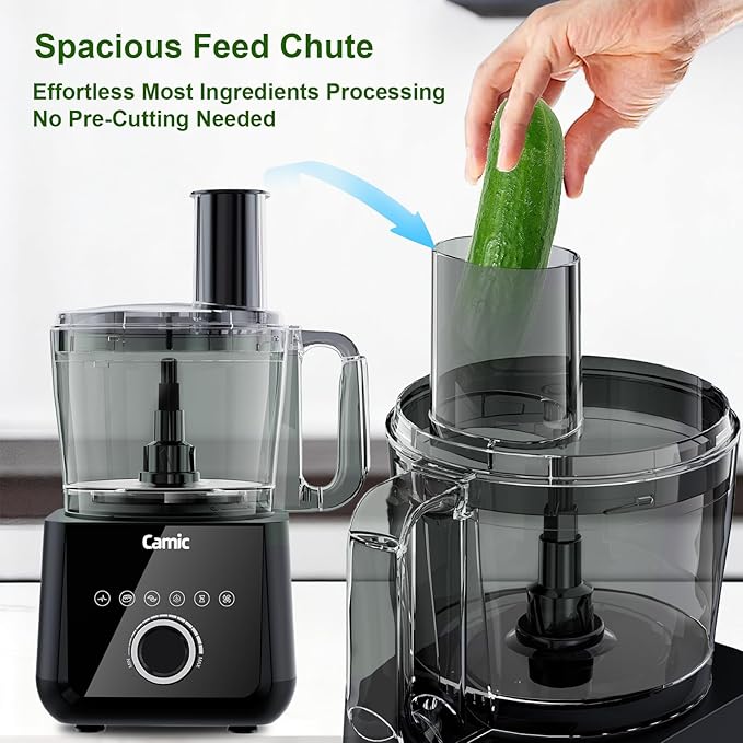 Camic Food Processor, 600W, Shredding and Slicing, French Fries Cutter, Kneading, Meat and Vegetable Chopping, Ice Crushing, 6 Presets, Easy to Operate and Clean for Home Use (Standard version)