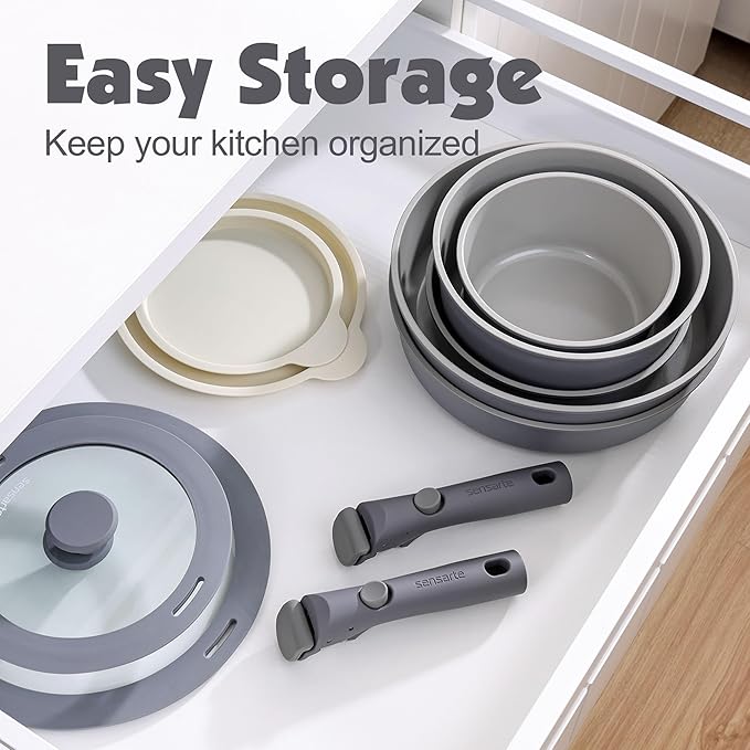 SENSARTE 24 Piece Ceramic Pots and Pans Set, Nonstick Detachable Handle Cookware, Induction Kitchen Cookware Set with Removable Handle, Healthy Non Stick for RV, Dishwasher竊냀ven Safe, PFOA Free (Gray)