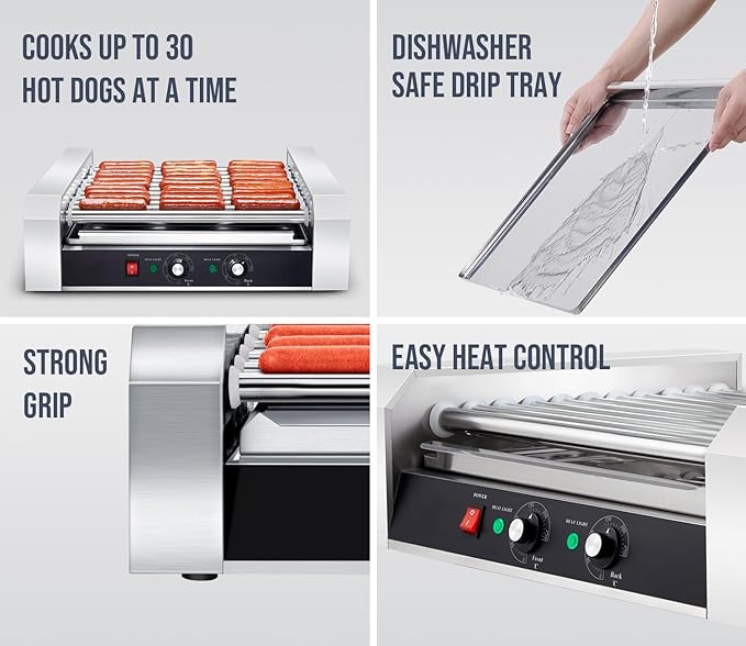SYBO Hot Dog Roller, 30 Hot Dogs 11 Rollers Grill Cooker Machine with Removable Stainless Steel Drip Tray, 1430-Watts, Ideal for Commercial And Party Use