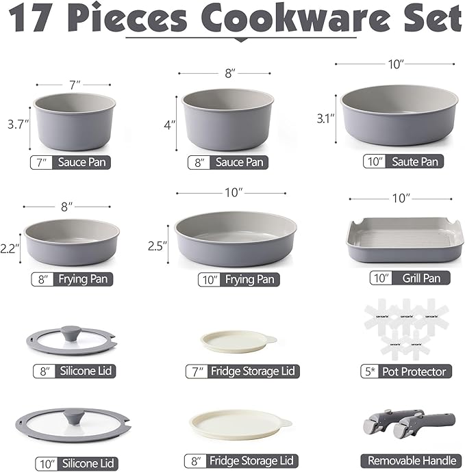 SENSARTE 17 Piece Ceramic Pots and Pans Set, Nonstick Detachable Handle Cookware, Induction Kitchen Cookware Set with Removable Handle, Dishwasher 竊?Oven Safe (Gray)