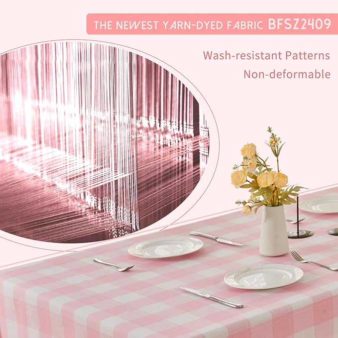 BALCONY & FALCON Gingham Table Cloth Rectangle ??Reversible Water-Resistant Cotton Checkered Tablecloth for Outdoor Picnic, Camping, Kitchen, Holiday Party Decor (Pink White, 55x95 Inch)