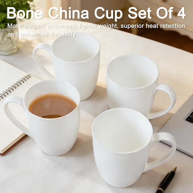 Plain White Fine Bone China Blank Coffee Mugs Set of 4, 11 Oz Tea Cups with Large Handle, Lightweight Ceramic Coffee Mugs, Aesthetic Coffee Cups