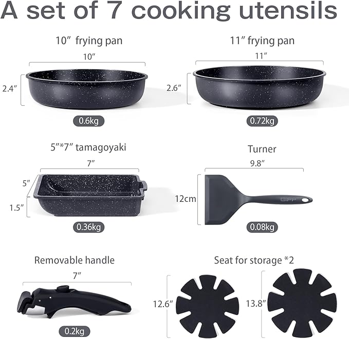 GiPP Ceramic Pots and Pans Set Non Stick, Nonstick Detachable Handle Cookware Sets, Non Toxic Induction Kitchen Pot and Pan with Removable Handle, Healthy RV Cookware, Dishwasher 竊냀ven Safe, 7 Piece