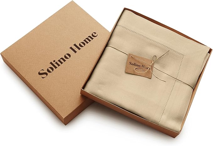 Solino Home Linen Beige Tablecloth 60 x 90 Inch - Classic Hemstitch, 100% Pure Linen Rectangular Tablecloth - Machine Washable Table Cloth for Spring, Easter