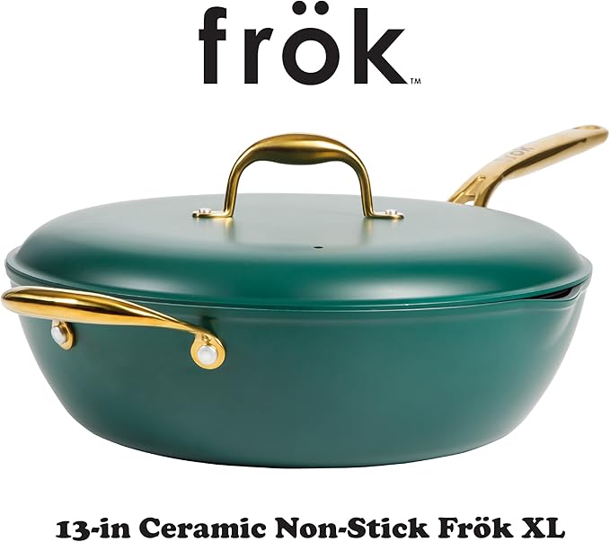 Frok 13" Frying Pan Wok Skillet 4MM Thick Quick Heat Aluminum Cookware w/Aluminum Lid Premium PFA Free Ceramic Nonstick Interior & Heat Resistant Exterior - Induction - Green & Gold