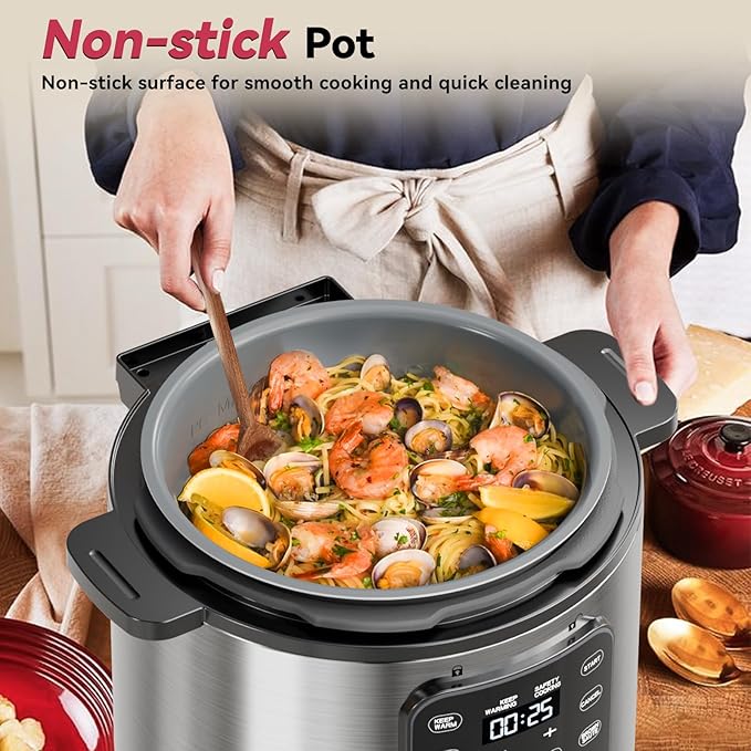 Electric Pressure Cooker 6 Quart Silver, Non-stick Pot, 9-in-1 Instant Pot, 12 Preset Functions with Touchscreen, Safe Steam Release, Stew, Slow Cook, Rice, Saut챕, Warmer