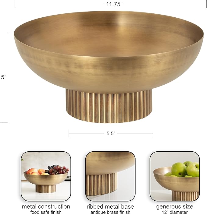 Kate and Laurel Rooks Ribbed Decorative Metal Bowl; 12 Inch Diameter; Brass; Modern Raised Fruit Bowl for Kitchen Counter or Use as a Key Bowl for an Entryway Table