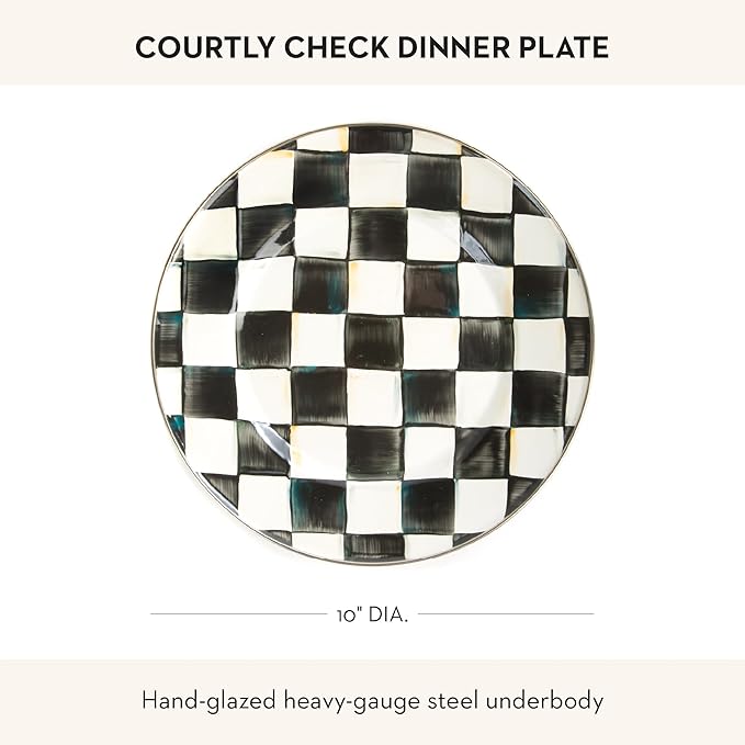 MACKENZIE-CHILDS Enamel Dinner Plate, Decorative Dinnerware Plate, 10 Inches, Set of 1, Black-and-White Courtly Check
