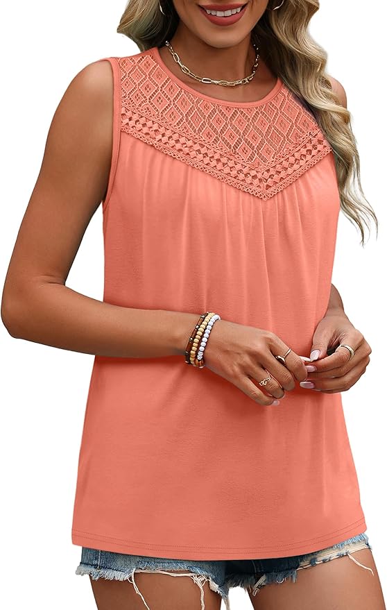 XIEERDUO Womens Tank Tops Sleeveless Lace Crochet Boho Tops Loose Fit Pleated Tunics Crewneck Summer Vacation Outfits Flowy