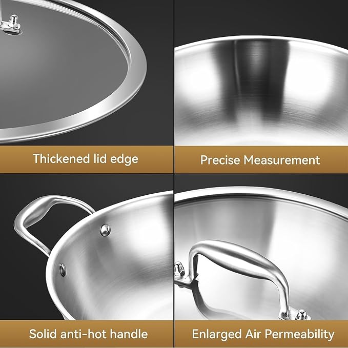 LOLYKITCH 11 Inch Tri-Ply Stainless Steel Wok Pan with Lid,Deep Frying Pan,Jumbo Cooker,Induction Wok,Suit for All Stoves,Dishwasher and Oven Safe.
