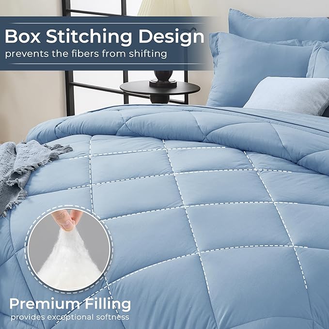 HEVUMYI Light Blue Queen Comforter Set - 7-Piece All Season Bed in a Bag Queen, Ultra Soft Bedding Set with Comforter, Flat Sheet, Fitted Sheet, Pillowcases, Pillow Shams