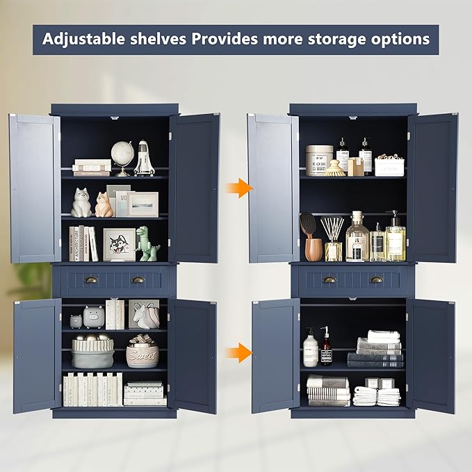 KIGOTY 72" Tall Kitchen Pantry Cabinet with Drawer and 4 Adjustable Shelves, Freestanding Pantry Storage Cabinets, Wood Cupboard Pantry Cabinet for Kitchen, Dining Room, Living Room, Greyish Blue